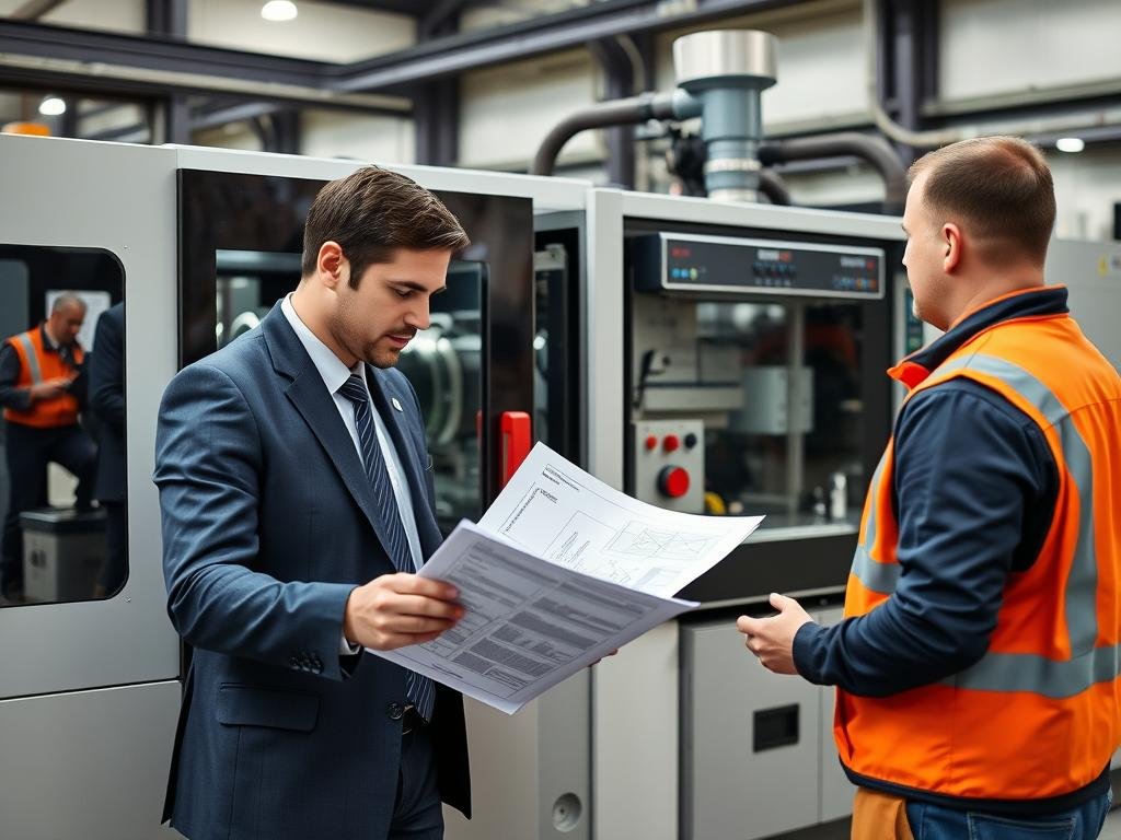 Manufacturing engineer evaluating a 1200-ton injection molding machine