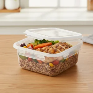 A transparent plastic food container for food, produced on a 400-ton injection molding machine.